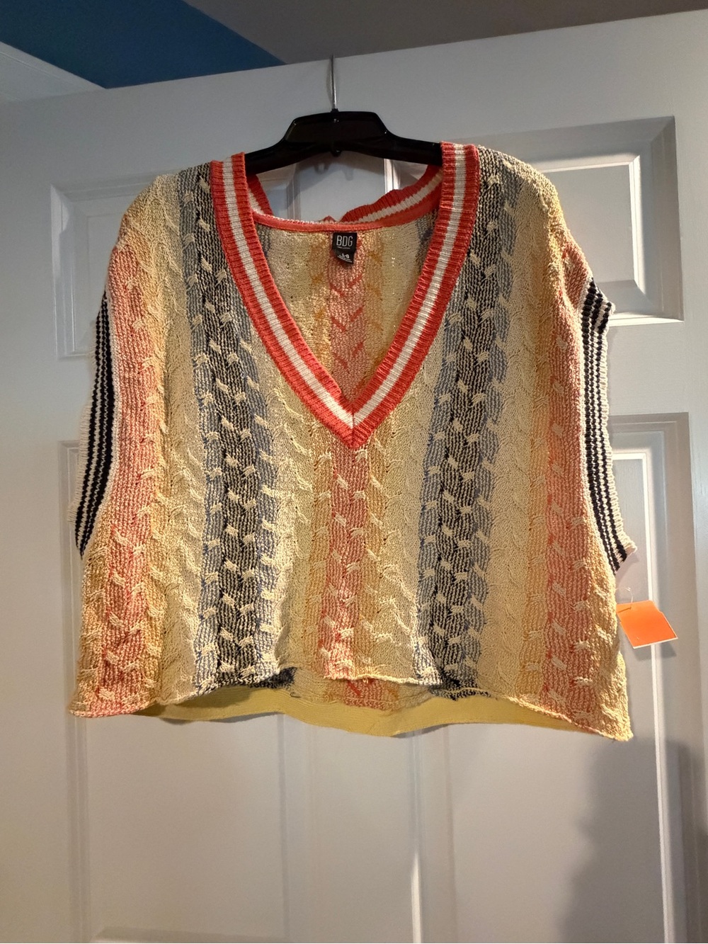 BDG Striped Crochet V-Neck Sweater Vest in Yellow & Coral from Urban Outfitters